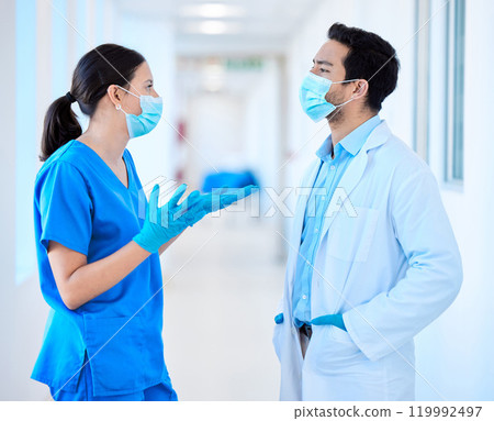 Dentist, team and talking in clinic for orthodontics, collaboration and support for healthcare. Employees, speaking and planning for dental care or oral hygiene, communication and whitening service 119992497