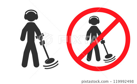 No Metal detecting icon symbol. Metal detecting not allowed logo sign. Silhouette of a man with a metal detector. prohibited, prohibition, forbidden, ban. Vector illustration image. Isolated  119992498
