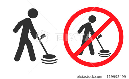 No Metal detecting icon symbol. Metal detecting not allowed logo sign. Silhouette of a man with a metal detector. prohibited, prohibition, forbidden, ban. Vector illustration image. Isolated  119992499