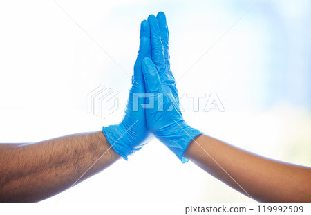 Doctor, hands and high five with gloves, healthcare and people with agreement for surgery and dentist. Hospital, dental professional and medical for employees, thank you and science in collaboration Doctor, hands and high five with gloves, healthcare and people with agreement for surgery and dentist. Hospital, dental professional and medical for employees, thank you and science in collaboration 119992509