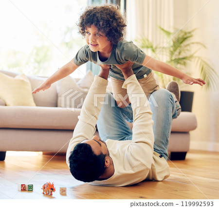 Dad, happy boy and fantasy or airplane game on floor for support and excited in living room. Family, child and father in home for trust, development and together on weekend for balance and fun 119992593