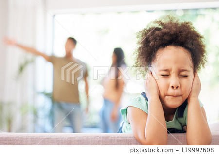 Cover, ears and child with parents fighting in home living room with anxiety, stress and mental health. Girl, sad and depression as mom and dad arguing with childhood trauma, unhappy or Ptsd 119992608
