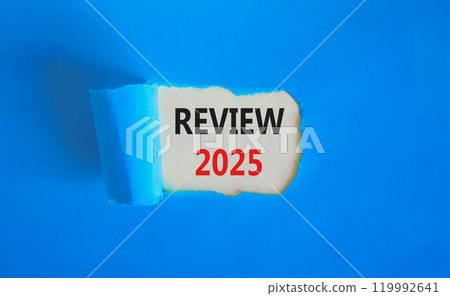 Planning review 2025 new year symbol. Concept words Review 2025 on beautiful white paper. Beautiful blue paper background. Business review 2025 new year concept. Copy space. Planning review 2025 new year symbol. Concept words Review 2025 on beautiful white paper. Beautiful blue paper background. Business review 2025 new year concept. Copy space. 119992641