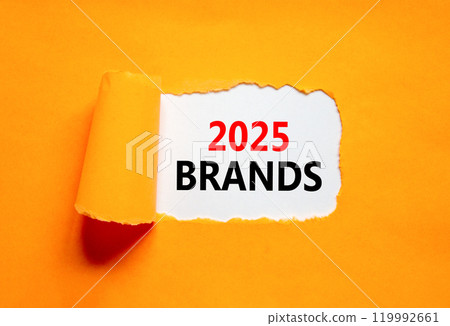 Planning 2025 brands new year symbol. Concept words 2025 Brands on beautiful white paper. Beautiful orange paper background. Business 2025 brands new year concept. Copy space. 119992661