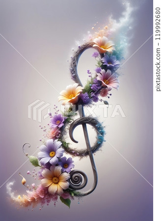 abstract musical background with musical treble clef and flowers 119992680