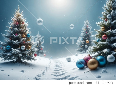 snow path in the forest of Christmas trees snow path in the forest of Christmas trees 119992685