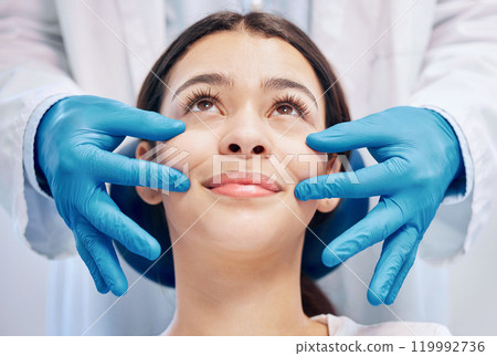 Smile, woman and dental care with dentist for teeth whitening, cleaning and oral consultation for wellness. Female patient, orthodontics and inspection for gum treatment, trust and hygiene results Smile, woman and dental care with dentist for teeth whitening, cleaning and oral consultation for wellness. Female patient, orthodontics and inspection for gum treatment, trust and hygiene results 119992736