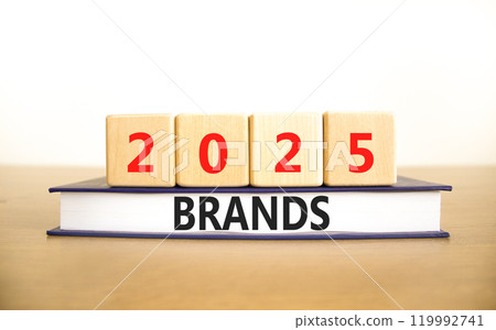 Planning 2025 brands new year symbol. Concept words 2025 Brands on beautiful wooden blocks and book. Beautiful wooden table white background. Business 2025 brands new year concept. Copy space. 119992741