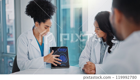 Healthcare, surgeon on tablet and doctor with group in discussion, people and report about medical results in clinic. Neurologist, hospital and medical worker, consultation for brain and MRI scan 119992780