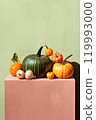 Natural still life with orange and green pumpkins, tomatoes and onions. Bright background with copy space. Thanksgiving, production for the market, harvest concept 119993000