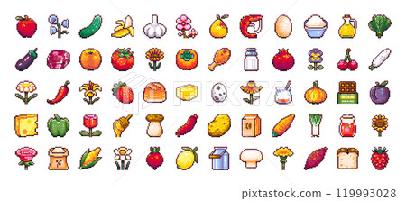 Pixel Art Food and Farm Product Icons Set, Fruits, Bakery, Sweets, Vegetables, Agriculture Plants, Healthy Food Products, Kitchen, Snack, Rose Flowers. Retro 8-bit Elements for Games and Design. Pixel Art Food and Farm Product Icons Set, Fruits, Bakery, Sweets, Vegetables, Agriculture Plants, Healthy Food Products, Kitchen, Snack, Rose Flowers. Retro 8-bit Elements for Games and Design. 119993028