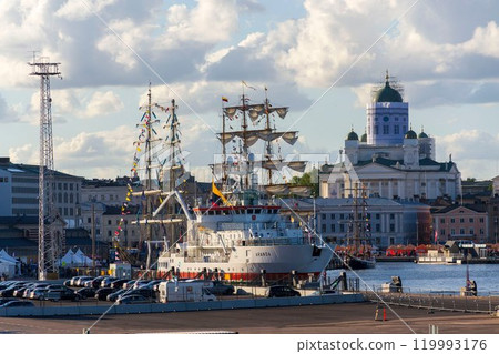 HELSINKI, FINLAND - JULY 5 2024: Beautiful sailing boats anchor in port on sunny summer day on July 5, 2024 in Helsinki, Finland. 119993176