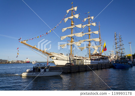 HELSINKI, FINLAND - JULY 5 2024: Beautiful sailing boats anchor in port on sunny summer day on July 5, 2024 in Helsinki, Finland. 119993178