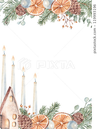Christmas Advent square vertical Frame, Border. Card Template with Winter plants, Candles and Ceramic House, rustic Lantern. Hand drawn Botanical Illustration of Fir Branches, Eucalyptus, Pine Cone Christmas Advent square vertical Frame, Border. Card Template with Winter plants, Candles and Ceramic House, rustic Lantern. Hand drawn Botanical Illustration of Fir Branches, Eucalyptus, Pine Cone 119993196