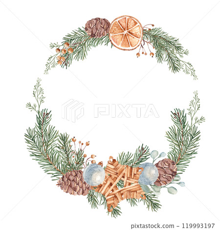 Christmas Wreath with Winter plants and Wicker Star Toy made of rattan. Circle Frame. Hand drawn Botanical Illustration of Fir Branches, Eucalyptus, Pine Cones and dried Orange slices isolated on Christmas Wreath with Winter plants and Wicker Star Toy made of rattan. Circle Frame. Hand drawn Botanical Illustration of Fir Branches, Eucalyptus, Pine Cones and dried Orange slices isolated on 119993197