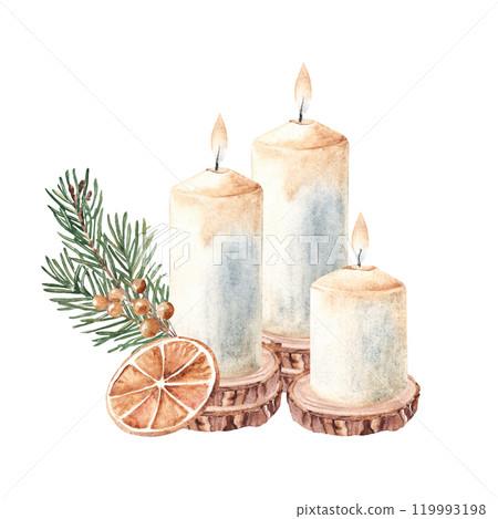 Christmas Candle Composition on Wooden Saw cuts with Fir Branches, winter berries and dry Orange slice. Watercolor illustration isolated on white background. Third Advent. For Cards and Prints Christmas Candle Composition on Wooden Saw cuts with Fir Branches, winter berries and dry Orange slice. Watercolor illustration isolated on white background. Third Advent. For Cards and Prints 119993198