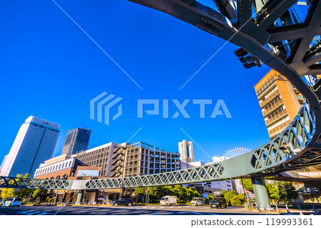 Yokohama cityscape in Japan: A city with a pedestrian bridge... View of Shinko Circle Walk and Yokohama Landmark Tower, etc. = 7th Yokohama cityscape in Japan: A city with a pedestrian bridge... View of Shinko Circle Walk and Yokohama Landmark Tower, etc. = 7th 119993361
