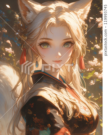 A beautiful woman in Japanese attire with fox ears shining in the sunlight of autumn A beautiful woman in Japanese attire with fox ears shining in the sunlight of autumn 119993745