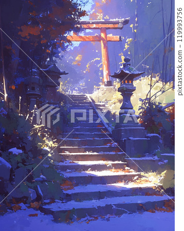 A quiet shrine and stone steps bathed in sunlight 119993756