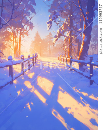 A silent forest illuminated on a snowy morning 119993757