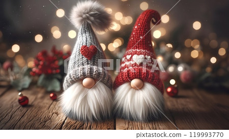 Two adorable gnome decorations with tall knitted hats and fluffy white beards. One wears a gray hat with a red heart, and the other a red hat with white hearts. Cozy holiday ambiance. 119993770