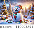cheerful snowman with red and white scarf and hat stands in front of cozy wooden house decorated with Christmas lights. snowman is surrounded by snow and presents, 119993854