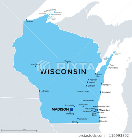 Wisconsin, U.S. state, political map. State in the Great Lakes region of upper Midwestern United States, with capital Madison, and metropolitan area Milwaukee. Badger State and Americas Dairyland. 119993892
