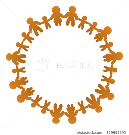 Circle with gingerbread figures holding hands. Men, women, and children standing in a circle and holding hands. Connected people forming a circle to express family, friendship, and peaceful society. 119993893