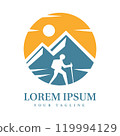 Hiker with Backpack under Sun and Mountains Ideal for Travel, Outdoor, Nature, and Adventure Brand Identity 119994129
