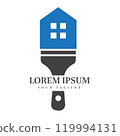 Modern House and Brush Icon in Blue and Gray Ideal for Real Estate, Home Improvement, and Painting Service Branding 119994131