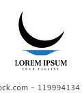Minimalist Black Crescent Moon with Blue Water Reflection Perfect for Wellness, Travel, Nightlife, and Relaxation Brand Identity 119994134