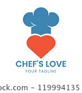 Playful Culinary Icon with Blue Chef Hat and Red Heart Ideal for Food Industry Branding, Restaurant Logos, and Cooking Passion Projects 119994135