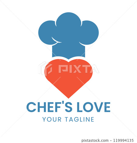 Playful Culinary Icon with Blue Chef Hat and Red Heart Ideal for Food Industry Branding, Restaurant Logos, and Cooking Passion Projects 119994135