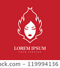Bold Red and White Woman Face in Fire Silhouette Perfect for Beauty, Salon, Spa, and Empowerment Brand Identity 119994136