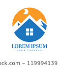 Cozy Cabin with Moon and Mountain Silhouette Perfect for Real Estate, Travel, Hospitality, and Nature Brand Identity 119994139