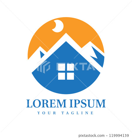 Cozy Cabin with Moon and Mountain Silhouette Perfect for Real Estate, Travel, Hospitality, and Nature Brand Identity Cozy Cabin with Moon and Mountain Silhouette Perfect for Real Estate, Travel, Hospitality, and Nature Brand Identity 119994139