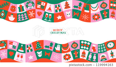 Merry Christmas and Happy New Year modern wavy abstract card in minimalist geometric style. Christmas colorful illustration in flat ornate style. Xmas background with vector pattern. 119994163