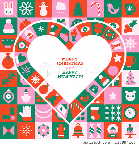 Modern geometric Christmas and Happy New Year greeting banner template. Festive vector background in bauhaus style. Traditional winter holiday symbols in heart shape. Minimal ornate design. 119994165