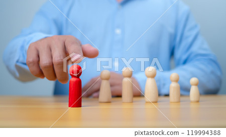 Business concept, Hand of manager management human resource with recruitment and skill employee leader for corporate success, development and growth of leadership with unique, Symbols of metaphor. Business concept, Hand of manager management human resource with recruitment and skill employee leader for corporate success, development and growth of leadership with unique, Symbols of metaphor. 119994388