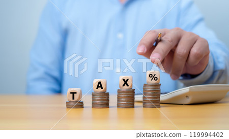 Tax calculating income and return on investment in percentage. Tax staircase Interest rate percent.  Income, Return, Fund, Investment, Dividend tax, Stock market. 119994402