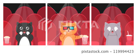 Cute cartoon cats sitting in movie theater. Cats watching a movie in movie hall with red seats and spotlight. Vector illustration Cute cartoon cats sitting in movie theater. Cats watching a movie in movie hall with red seats and spotlight. Vector illustration 119994423