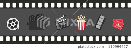 Cinema movie icons in filmstrip frame. Video camera, film reel, clapperboard, film strip, popcorn and cinema tickets. Vector illustration 119994427