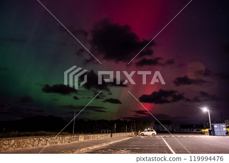 The Aurora Borealis, the northern lights, showing up in Portnoo, County Donegal, Ireland. 119994476