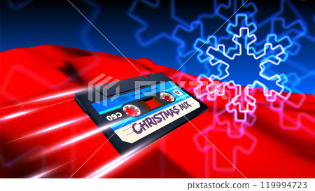Christmas holiday mix cassette flying with neon snowflake in 80s synthwave or retrowave style Christmas holiday mix cassette flying with neon snowflake in 80s synthwave or retrowave style 119994723