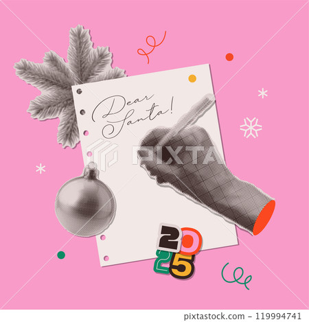 A hand writes a letter to Santa on a sheet of notebook. Trendy halftone collage for posters, banners, cards. Merry Christmas and Happy New Year. Vector trendy illustration. 119994741