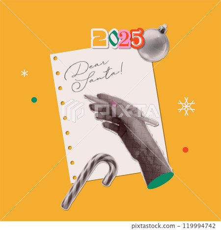 Christmas card with halftone art collage. Paper cut out hand writing a letter to Santa, isolated on a yellow vintage background. Modern minimal retro mixed media vector illustration 119994742