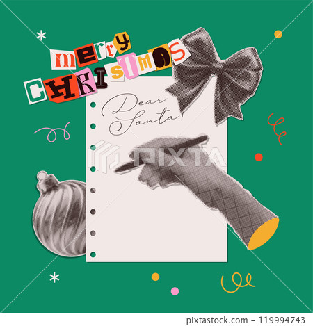Vintage marry Christmas design with hand writing a letter to dear Santa. Colorful halftone collage style illustration. Vector concept for poster, banner, greeting and 2025 celebration. 119994743
