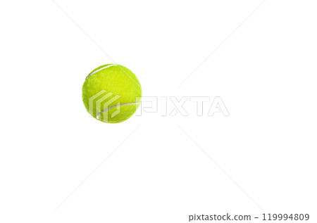 Tennis ball on a white background, in the upper left side. copy space 119994809
