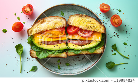 Delicious grilled cheese sandwich with avocado on a rustic plate at home. Generative AI 119994824