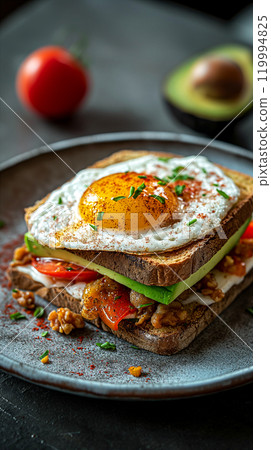 Delicious grilled cheese sandwich with avocado on a rustic plate at home. Generative AI 119994825